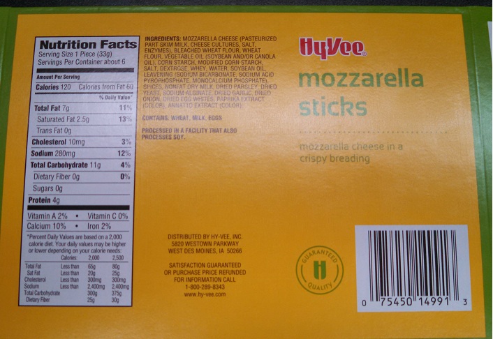 Great American Appetizers, Inc. Recalls Hyvee Mozzarella Cheese Sticks Due To Undeclared Soy Flour, Yellow #5, And Yellow #6